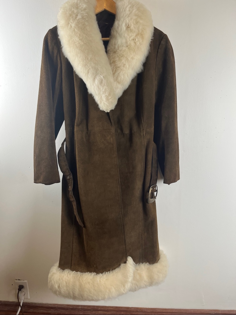 Women's Brown Suede Long Coat with Cream Fur Trim